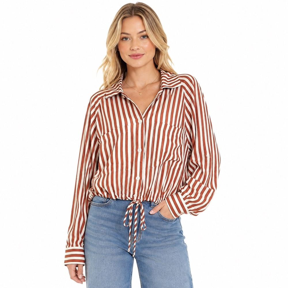 LNA Evereve Alpine Striped Button Down Shirt Drawstring Hem Brown Ivory L NWT